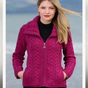 ARAN MOR 100% MERINO WOOL Double Collar Zip Size Small Cardigan/sweater/jacket